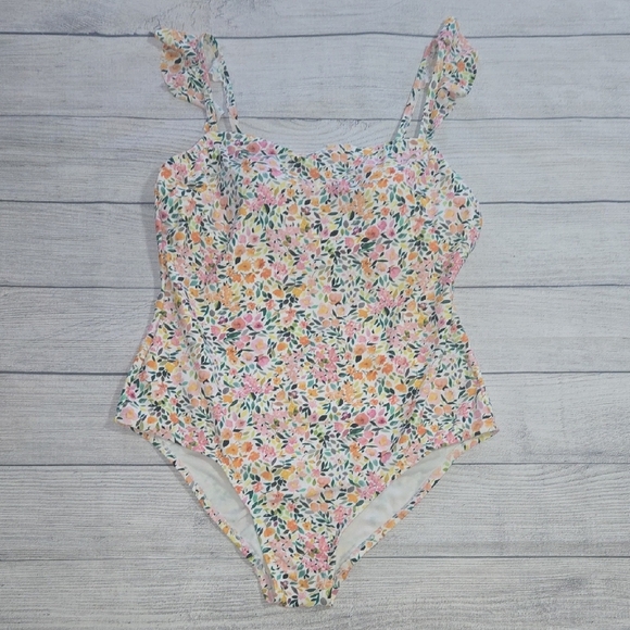 Kona Sol Women's Ditzy Ruffle One Piece Bathing Suit White Floral Print Size L - Picture 1 of 11